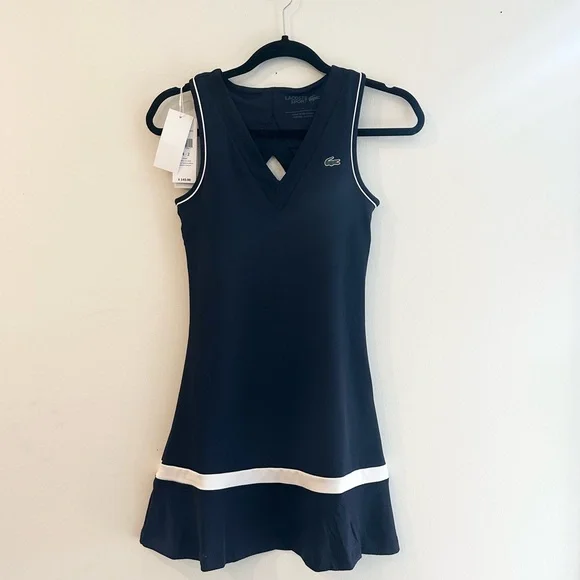 Lacoste Mesh Navy Strapless Dress with White Trim - Picture 6 of 12